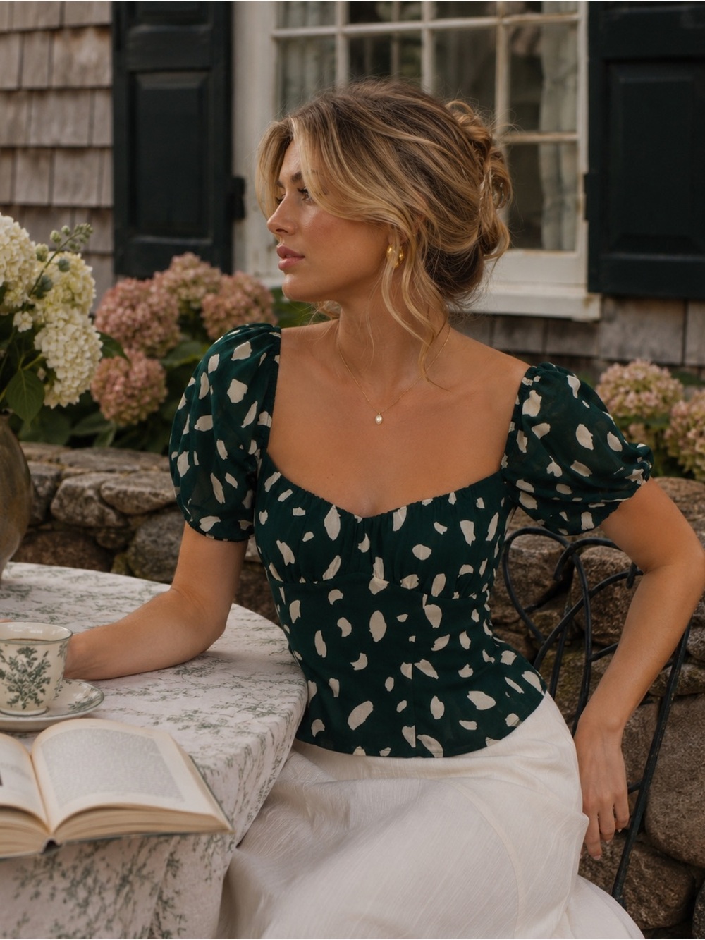 Reformation Green Printed Square Neck Crop Top | Cottagecore | Quiet Luxury